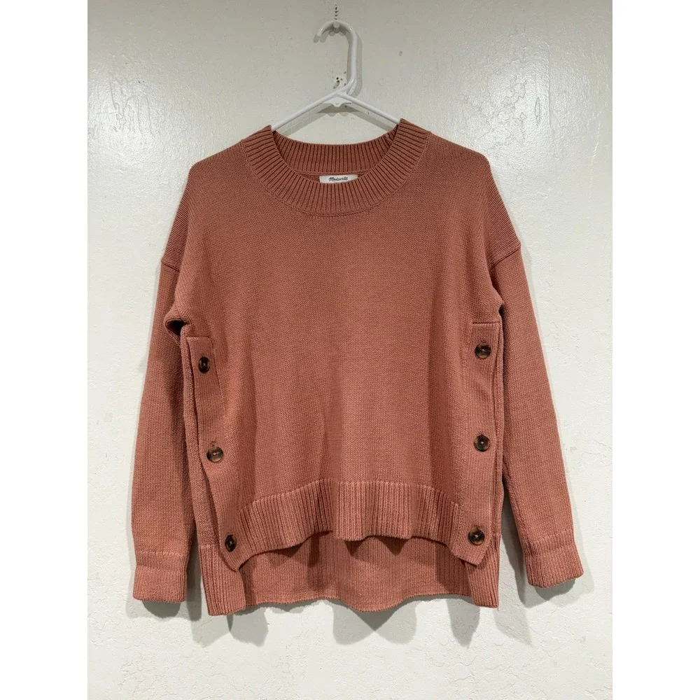 Madewell Button Side Crewneck Sweater Rose Terracotta XXS G1946 Cotton Blend